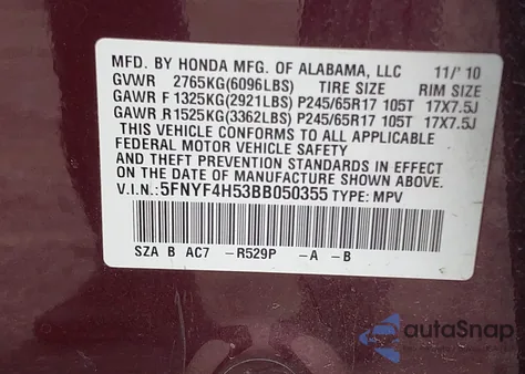 2011 Honda Pilot Ex-L из США, поврежденный, VIN 5FNYF4H53BB050355